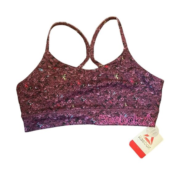 Reebok Girls Sports Bra NEW Burgundy Multicolor‎ Fitted Stretch Racerback XXL 18 - Picture 1 of 7